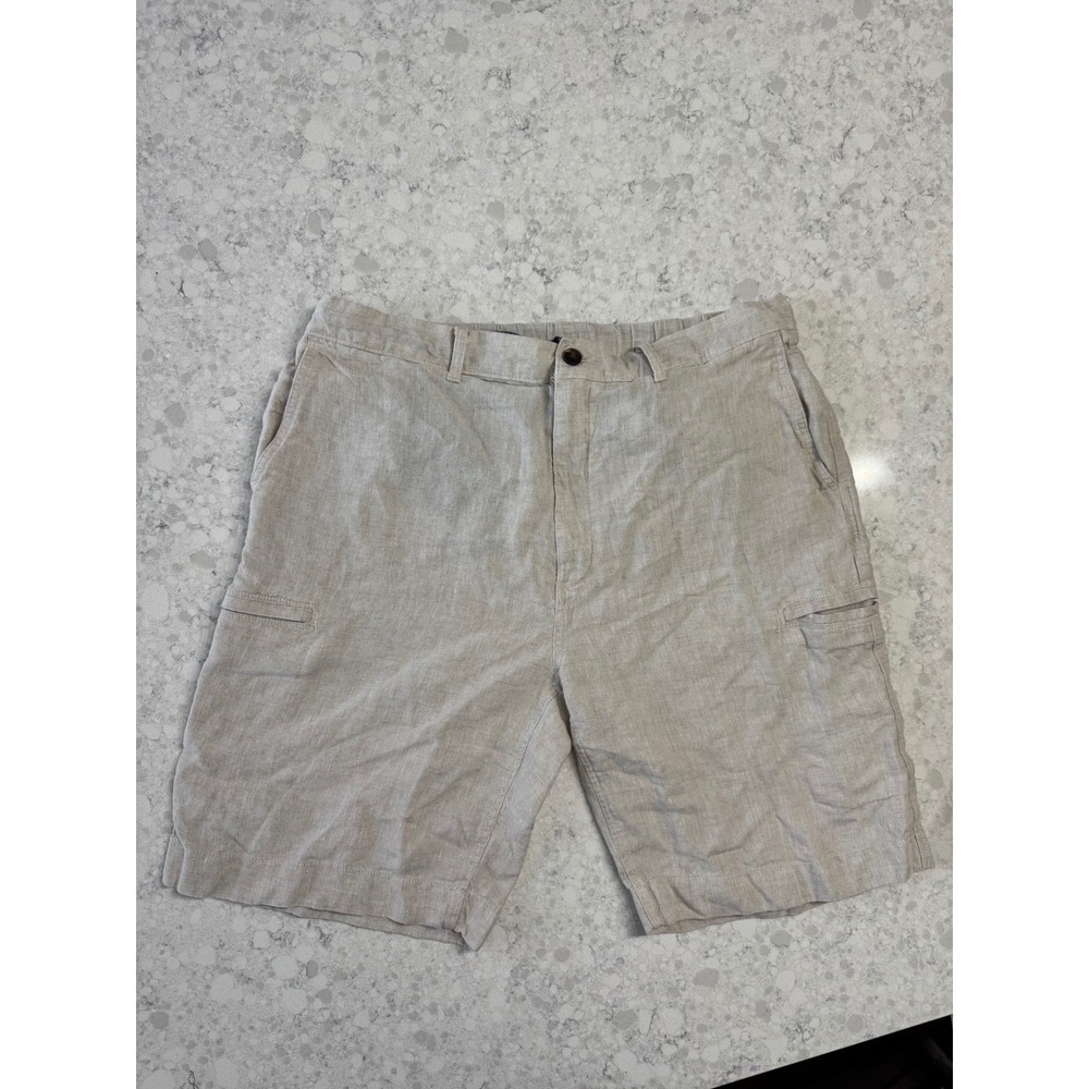 Caribbean Mens 100% Linen Cargo Shorts Beige Oatmeal Elastic Waist 42 x 10
